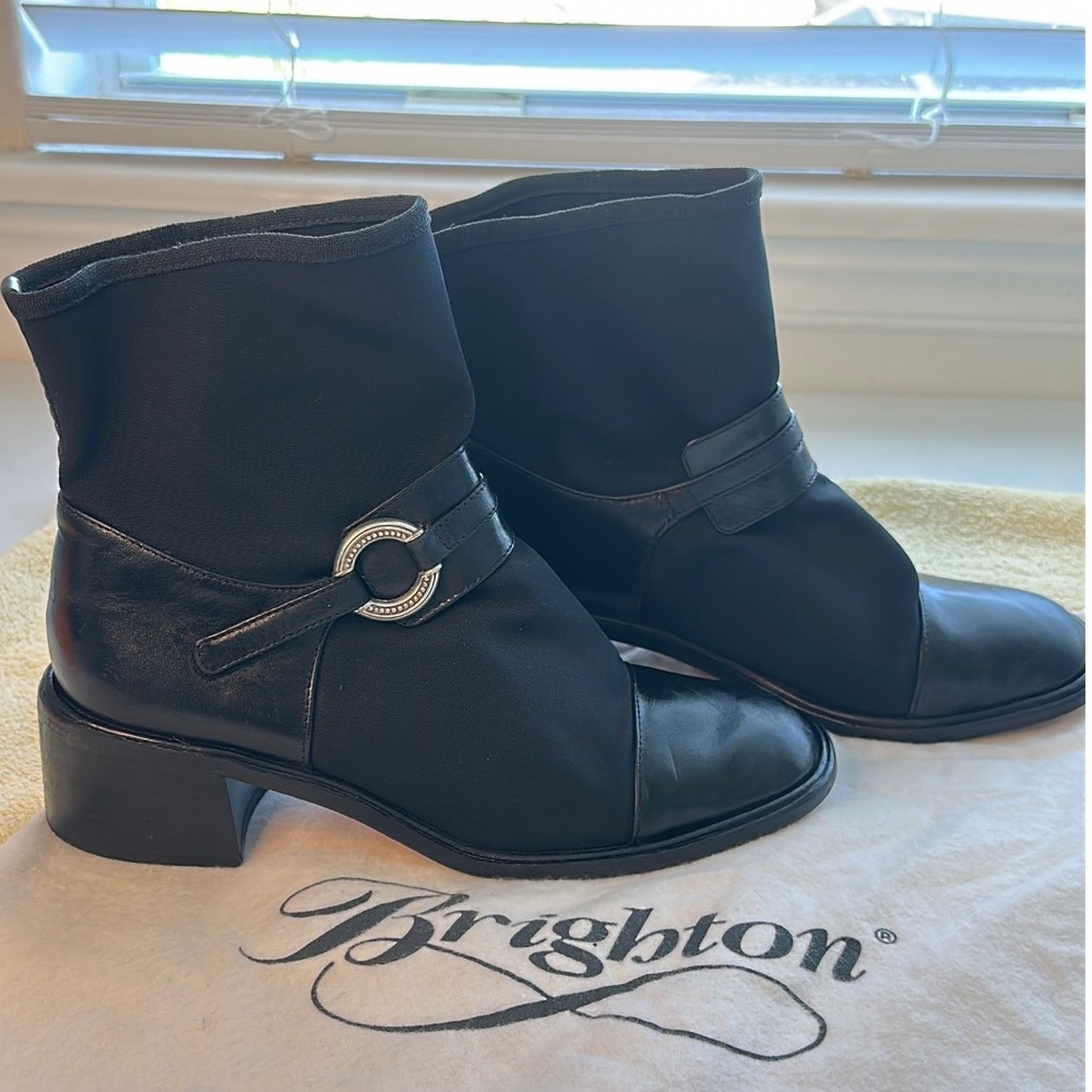 Brighton Lilly Black Leather Fabric Ankle Boots Block Heel Silver Hardware 6.5M